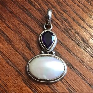 Beautiful Large Oval Pearl and Amethyst Sterling Silver Pendant